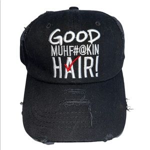 Good Muhf#@kin Hair adjustable distressed baseball hat.  One size fits most.